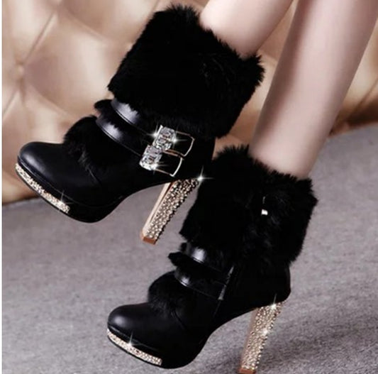 Rhinestone Embellished Faux Fur/Leather Chunky Stiletto Heel Women's Ankle Boots