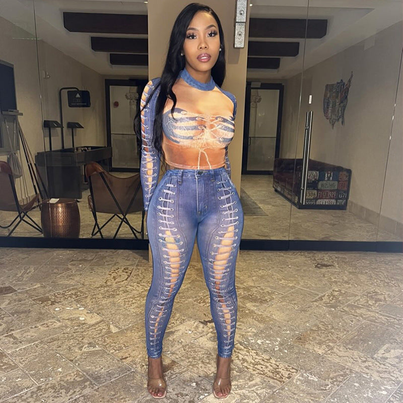 Mesh Transparent Hand on Chest Print Women's Mock Denim Long Sleeve Jumpsuit