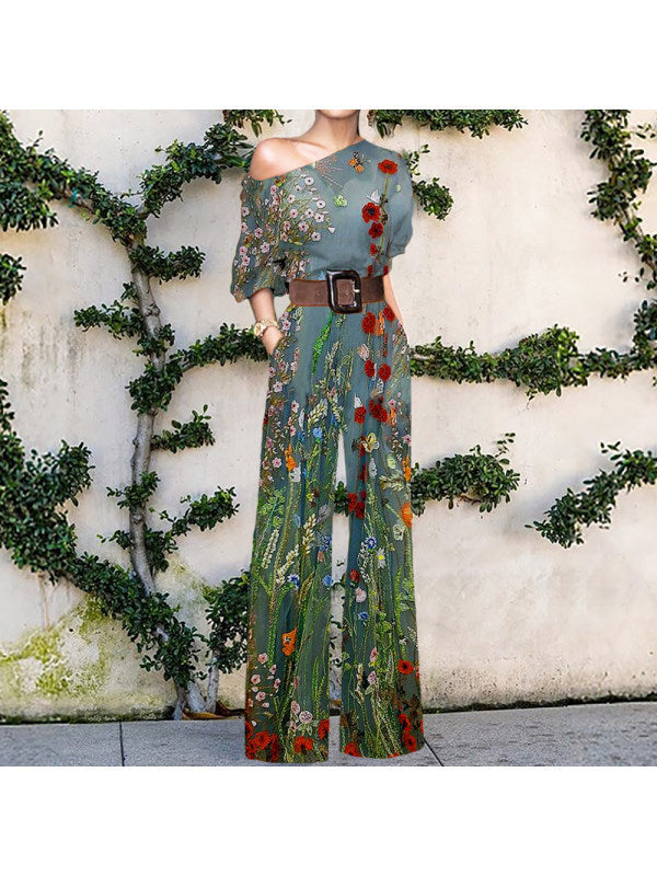 Butterfly/Floral Print/Abstract Portrait One Shoulder Short Sleeve High Waist Women's Wide Leg Jumpsuit to 3X Plus Size