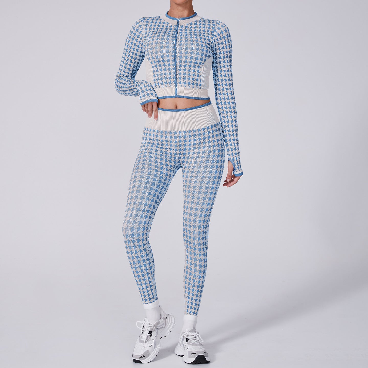Houndstooth O-Neck Women's Zipper Sports Jacket + Leggings Tracksuit