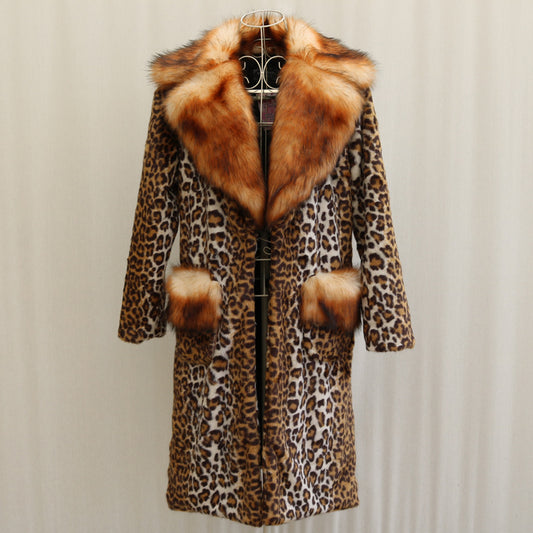 Faux Mink Fur Colorblock Leopard Pattern Women's Trenchcoat to 9X Plus Size