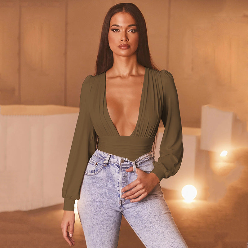 Deep V-Neck Long Sleeve Pleated Temperament Solid Color Women's Bodysuit