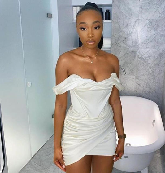 White Off-the-Shoulder Ruched Mini Party Dress