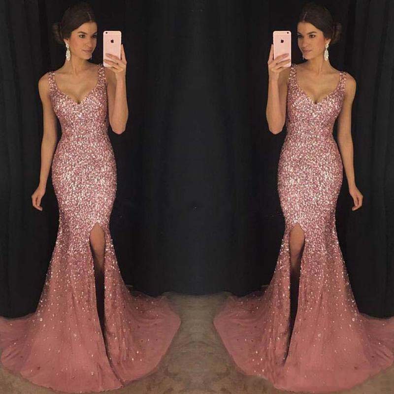 Pink Sequin Sparkling Glitter Spaghetti Strap Floor Length Formal Party/Prom Maxi Dress
