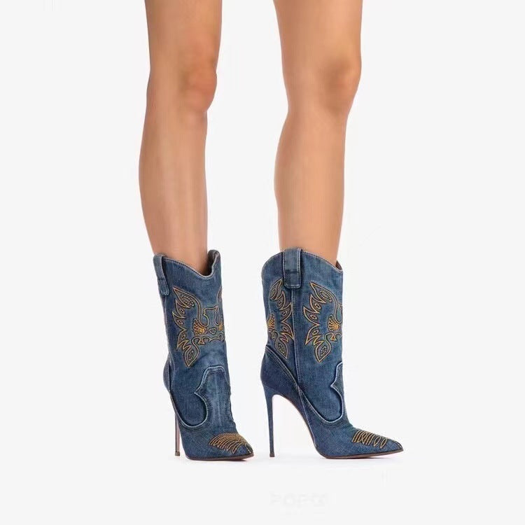 Western Denim/PU Leather Embroidered Stiletto Heel Women's Ankle Boots