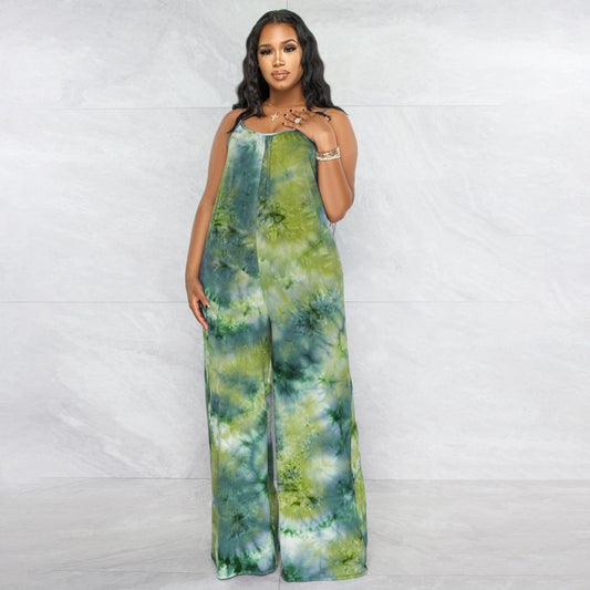 Tie-Dye Print Sleeveless Wide Leg Spaghetti Strap Women's Harem Jumpsuit to 5X Plus Size