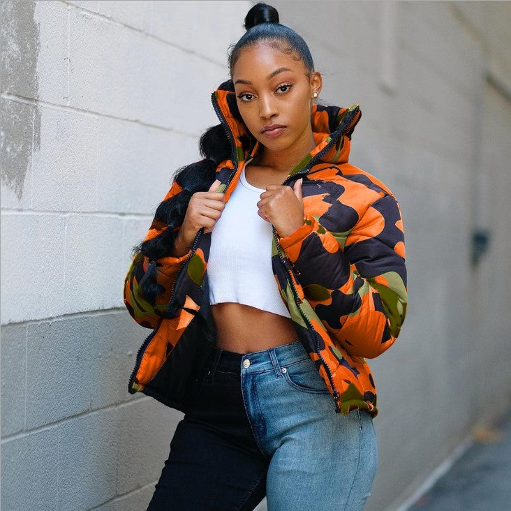 Camoflauge Print Stand Collar Streetwear Unisex Zipper Bomber Puffer Jacket