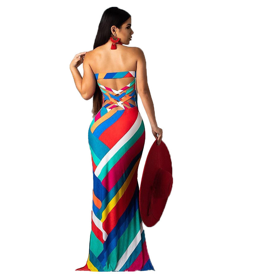 Rainbow Striped Colorblock Print Criss-Cross Back Tube Maxi Dress