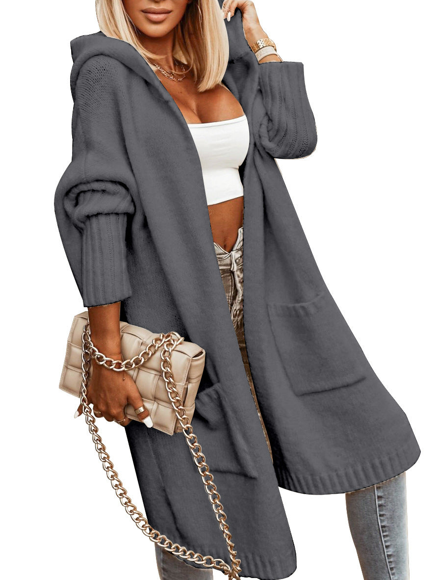 Knitted Solid Color Women's Long Sleeve Maxi Hoodie Sweater