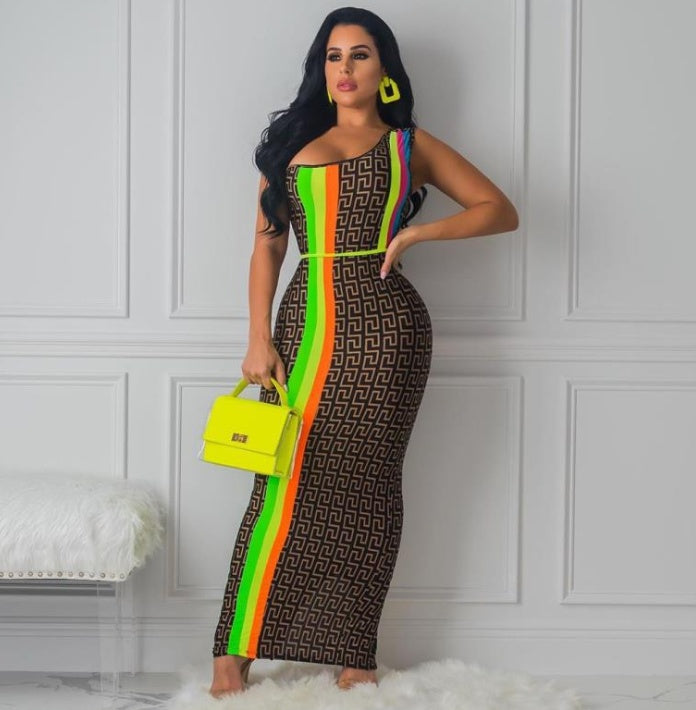 Geometric Asymmetrical One Shoulder Neon Side Striped Print Maxi Dress