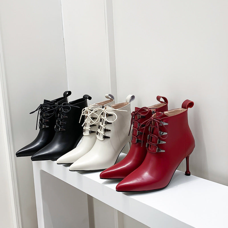 Leather Solid Color High Heel Lace-Up Women's Ankle Boots
