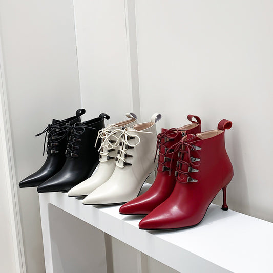 Leather Solid Color High Heel Lace-Up Women's Ankle Boots