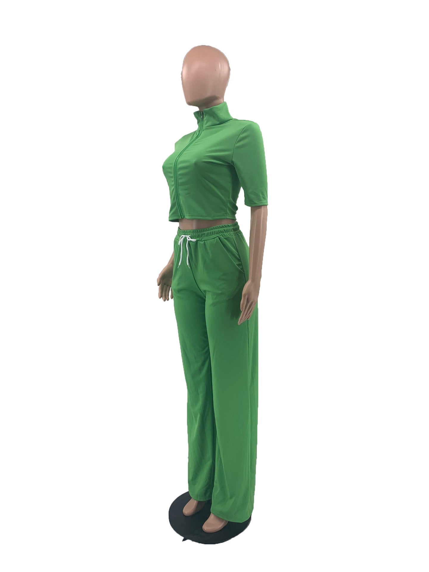 Green Short Sleeve Zipper Front Women's Cropped Shirt + Drawstring Pants Casual 2-Piece Set
