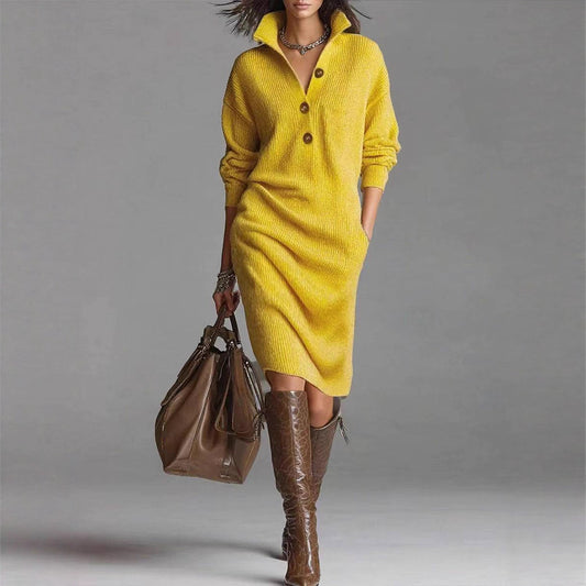 Knitted Button-Up Long Sleeve Stand Turn-Down Collar Pullover Sweater Dress to 3X Plus Size