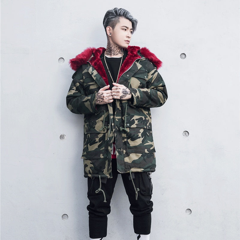 Men's Unisex Camoflauge Graffiti Print Velvet Lined Hip-Hop Hoodie Coat