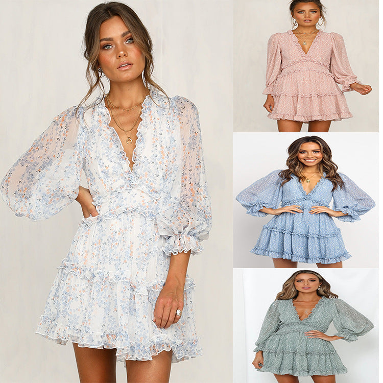 Bohemian Floral Print Ruffled Deep V-Neck Long Puff Sleeve Mini Dress