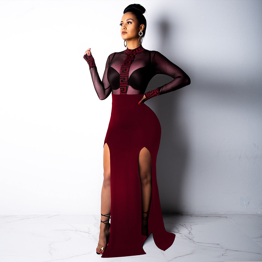 Mesh Transparent Sheer Geometric Design Long Sleeve Formal Party Dress