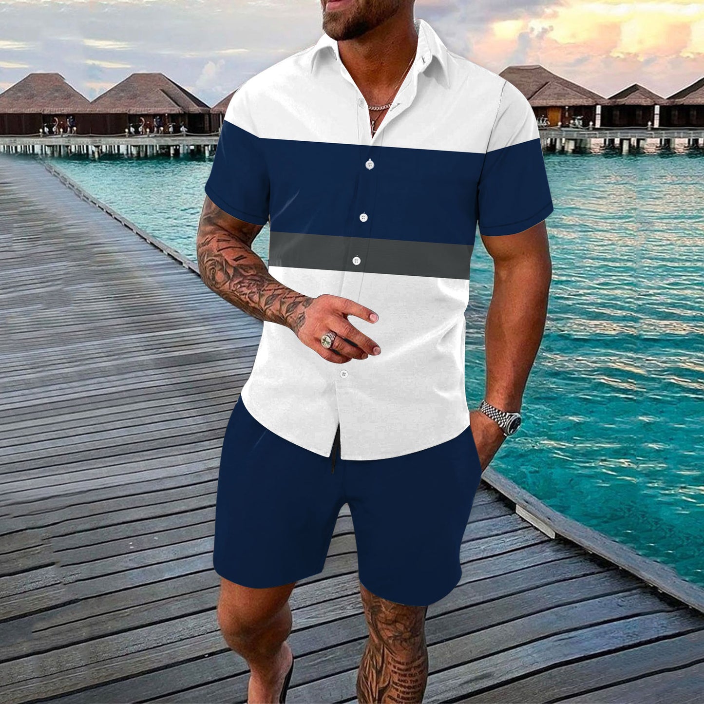 Men's Turn-Down Collar Colorblock Striped Button-Up Polo Shirt + Shorts 2-Piece Set