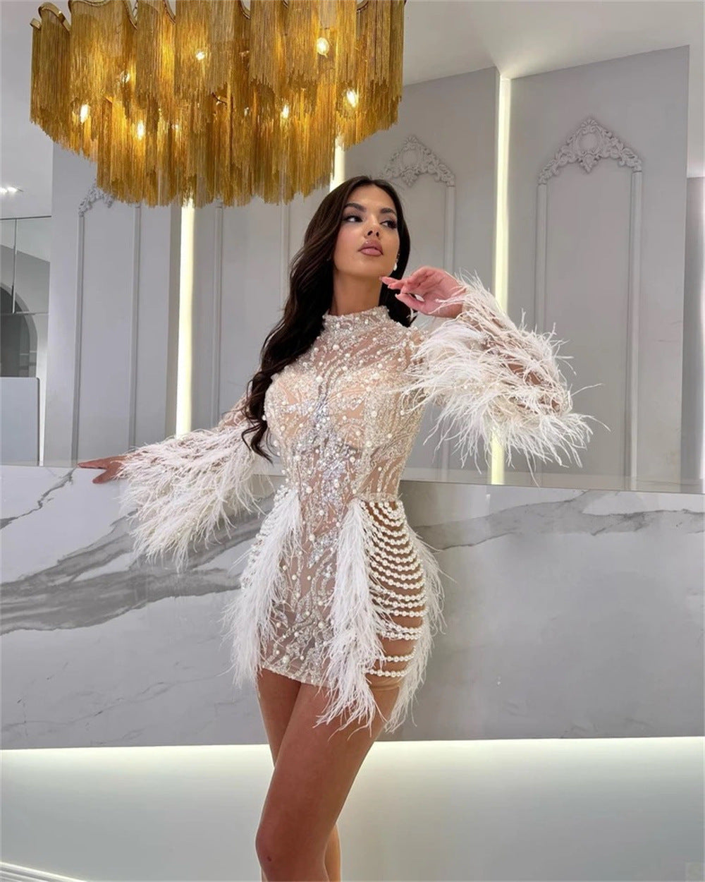 White Pearl Sequin Beaded Feather Design Hollow-Out Long Sleeve Heavy Industry Foam Formal Mini Party Dress