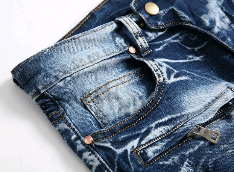 Men's Denim Gradient Washed Ribbed Ruched Ripped Zipper Pocket Skinny Jeans