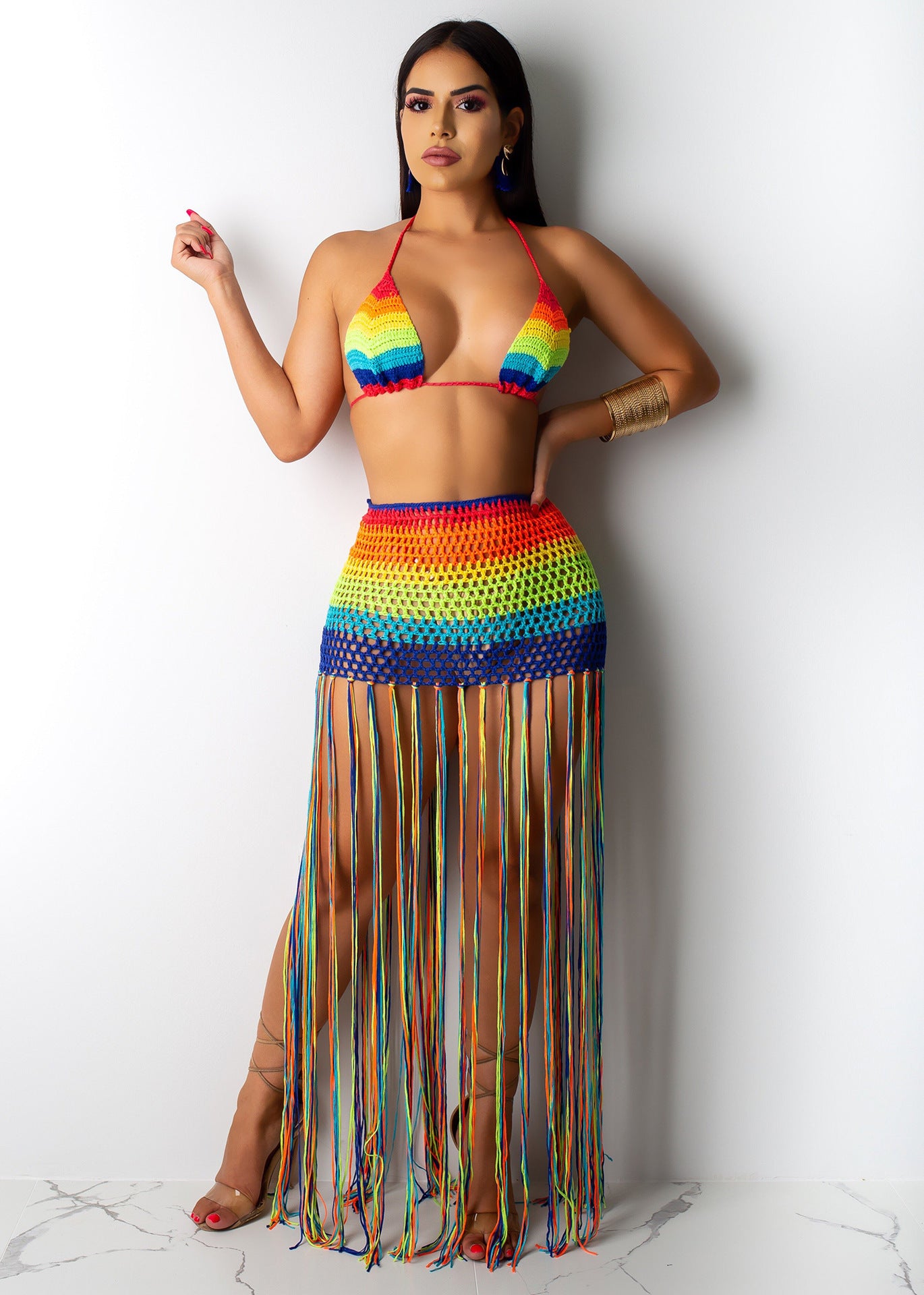 Crochet Rainbow Print Women's Bra + Hanging Tassel Fringe Skirt 2-Piece Set