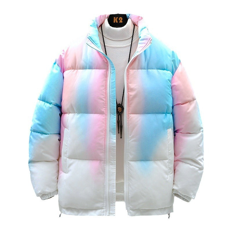 Men's Gradient Colorblock Hip-Hop Stand Collar Plush Thick Down Puffer Jacket w/ Pockets