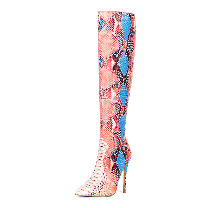 Colorblock Snakeskin Print Women's Stiletto Heel Knee High Boots