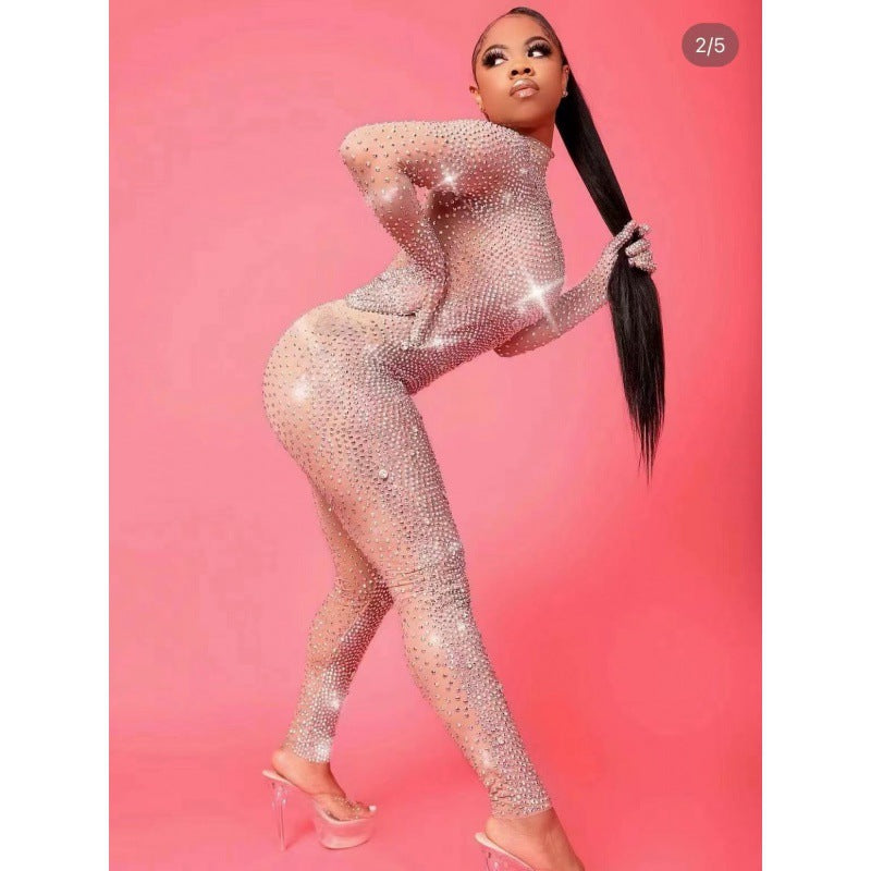 Metallic Silver Rhinestone Women's Stretch Skin Tight Stage Performance Jumpsuit
