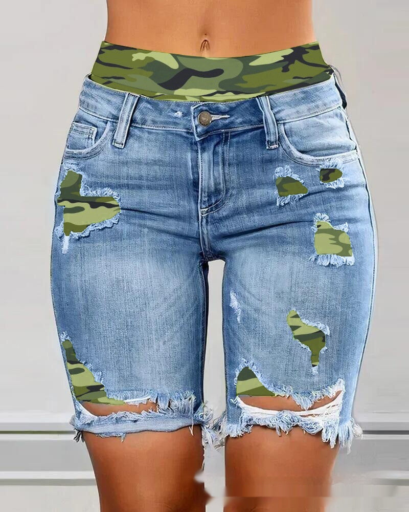 2-in-1 Colorblock Patchwork Ripped Women's Shorts