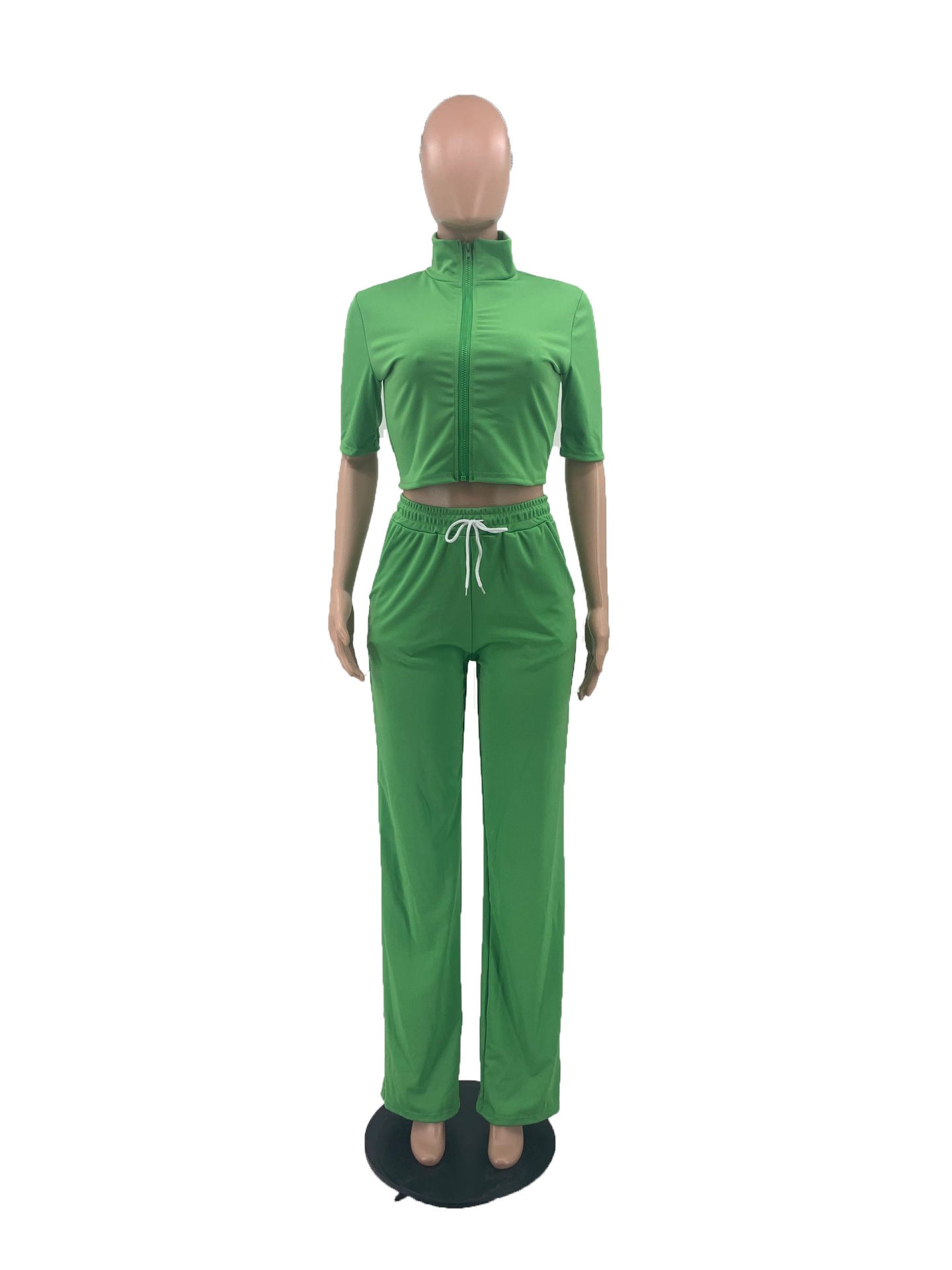 Green Short Sleeve Zipper Front Women's Cropped Shirt + Drawstring Pants Casual 2-Piece Set