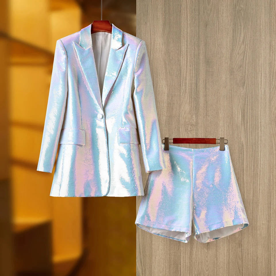 Shiny Metallic Formal Women's Single Breasted Blazer Jacket + Mini Shorts Two-Piece Suit