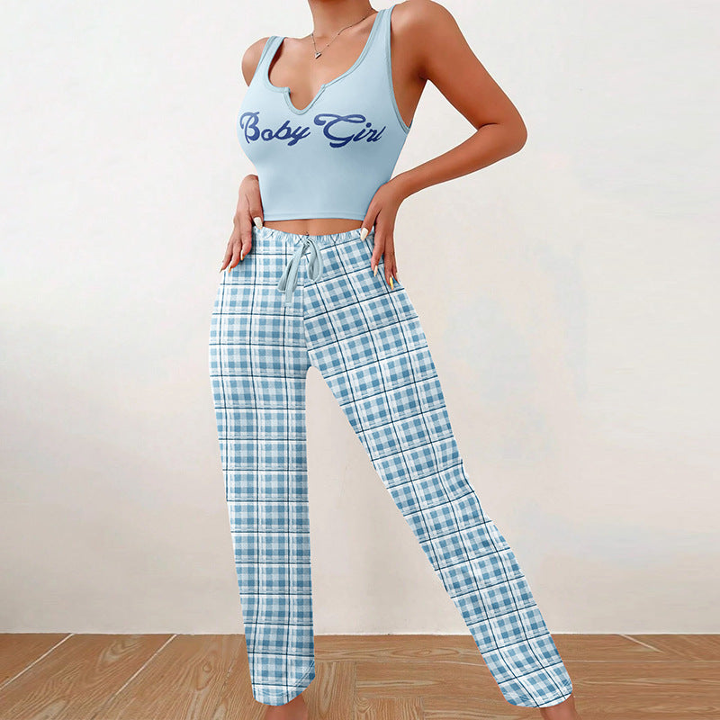 "Baby Girl" Print V-Neck Women's Tank Top + Plaid Drawstring Pants 2-Piece Set