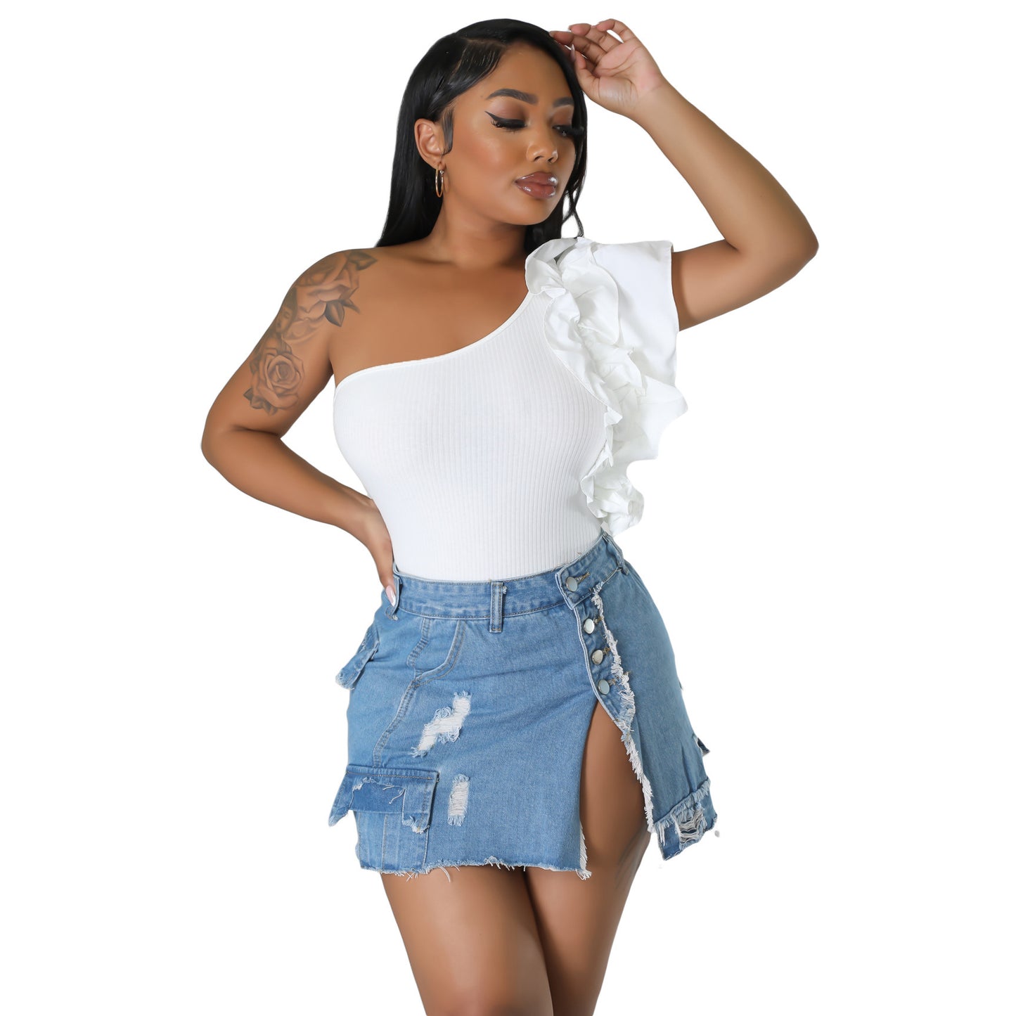 Denim Button Cargo Pocketed Ripped Women's Mini High Slit Jean Skirt