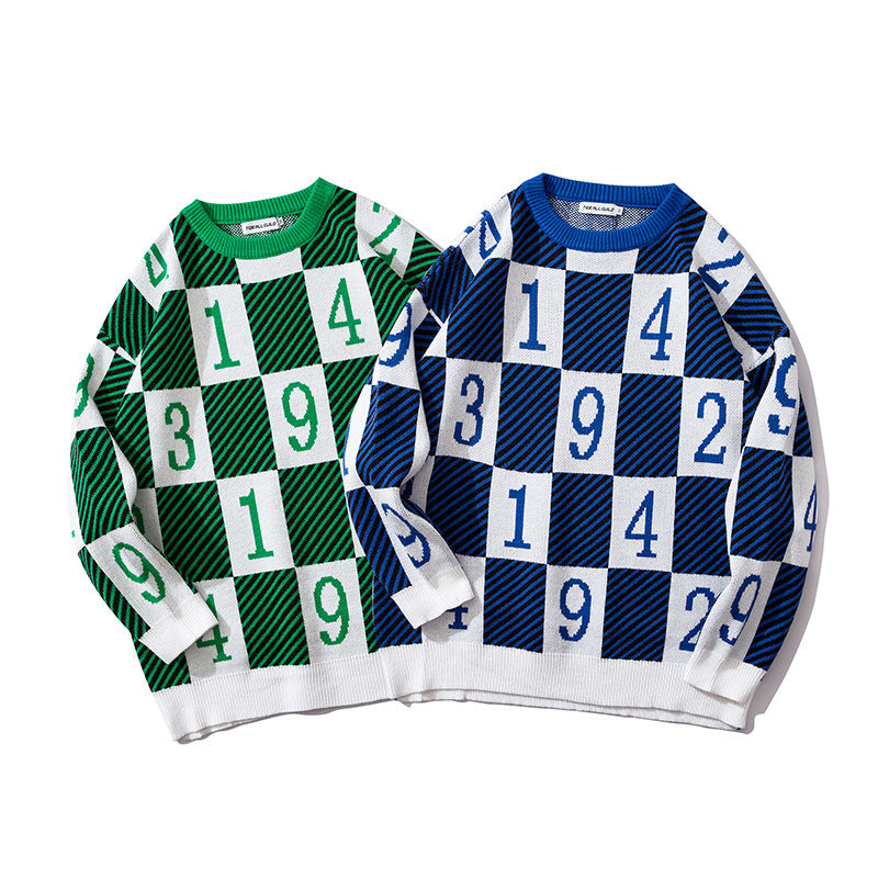 Men's Colorblock Checker Number Print Hip-Hop O-Neck Long Sleeve Sweater