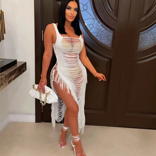 Sleeveless Tassel Fringe Detail Hollow-Out Double Side High Slit Women's Swimsuit Cover-Up Dress