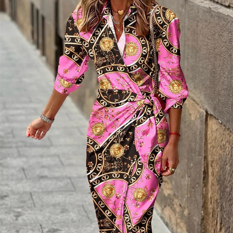 Striped Colorblock Floral Geometric Turn-Down Collar 3/4 Length Long Sleeve Maxi Dress w/ Sash Belt