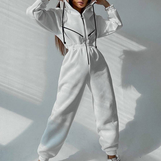 Drawstring Women's Elastic Waist Long Sleeve Hoodie Jumpsuit