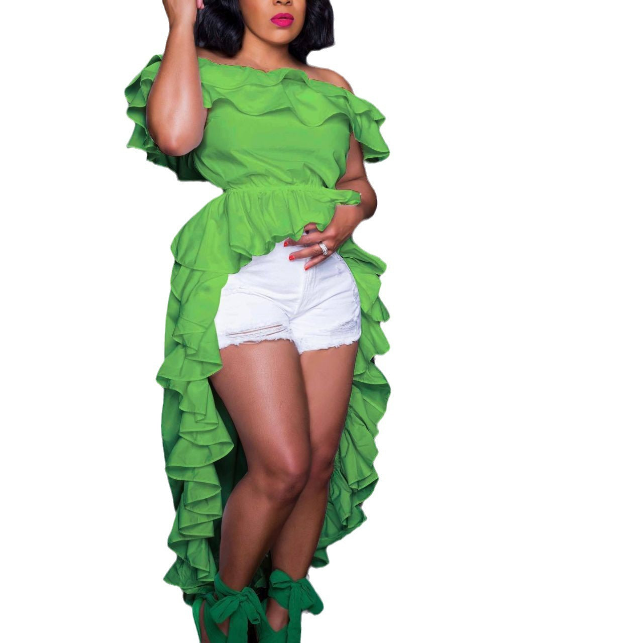 Ruffled Women's Off-the-Shoulder Solid Color Swallowtail Maxi Blouse