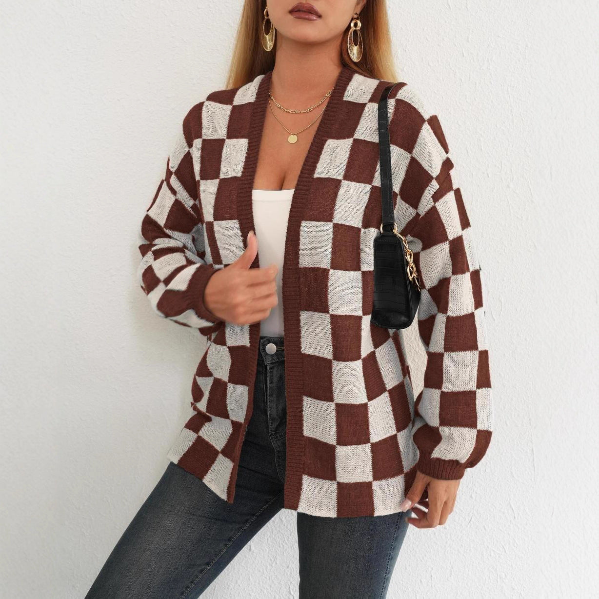 Wool Checker Plaid Print Women's Open Cardigan Sweater