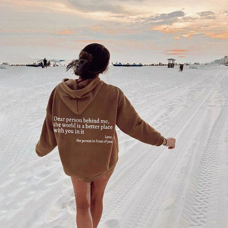 "Dear Person Behind Me the World Is A Better Place w/ You In It....." Women's Letter Printed Kangaroo Pocket Drawstring Hoodie Sweatshirt