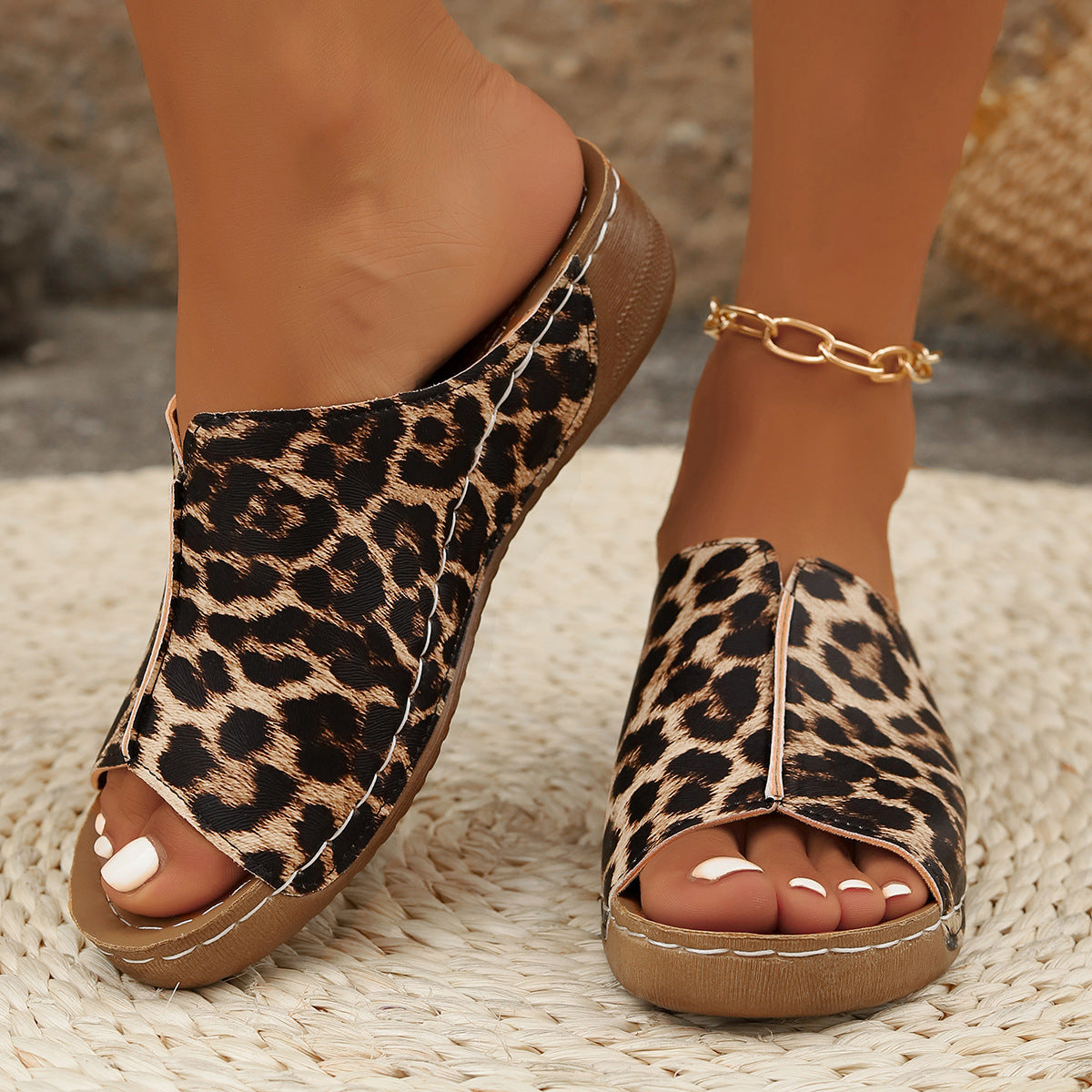 Snake/Leopard/Geometric Print Flat Women's Open Toe Wedge Sandals