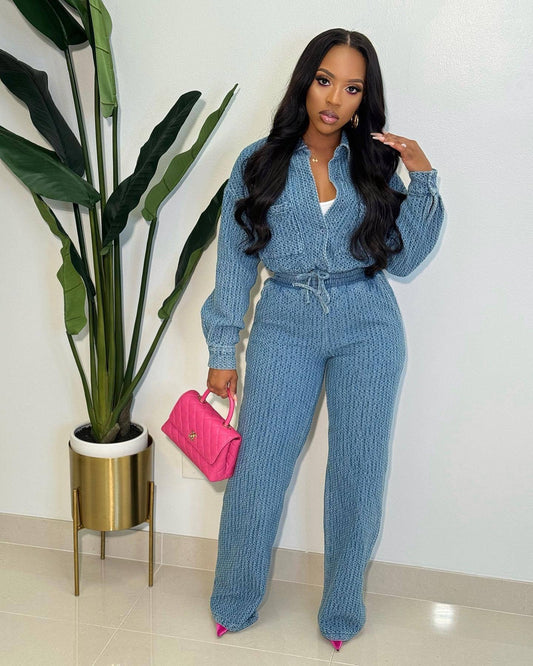 Denim Women's Pinstriped Jean Jacket + Matching Jeans 2-Piece Set