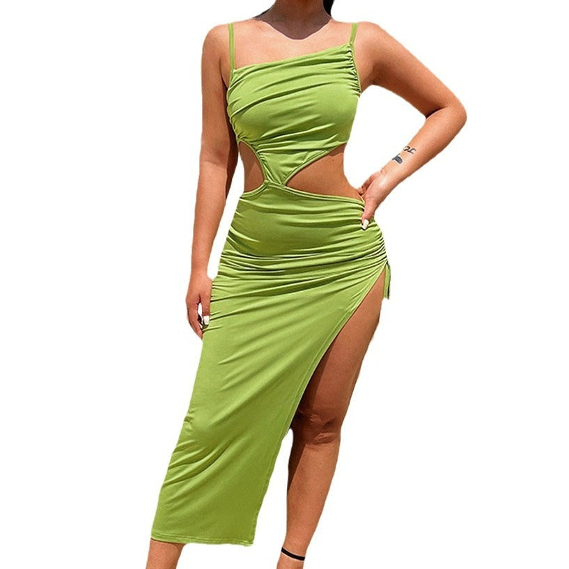 Asymmetrical Ruched Hollow-Out Pleated One Shoulder Irregular High Slit Solid Color Maxi Dress