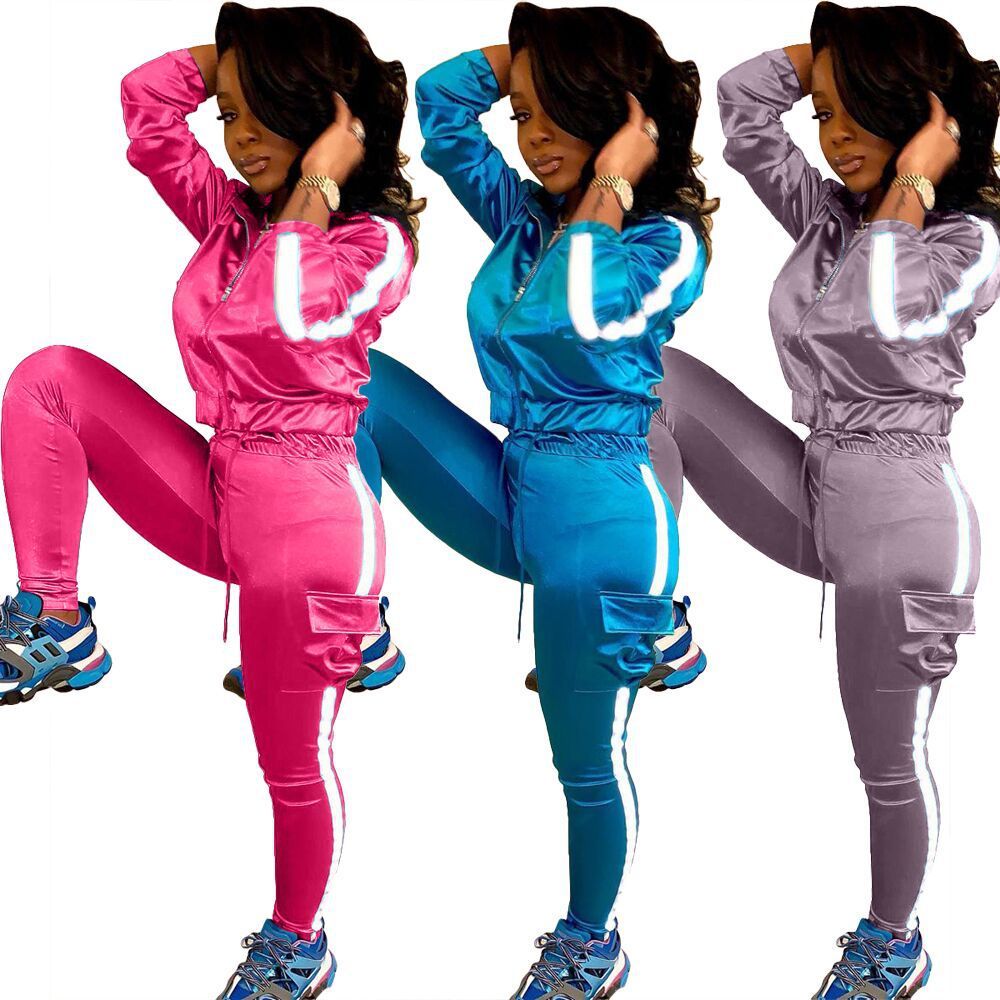 Reflective Side Striped Ruched Zipper Athleseuire Jacket + Cargo Pocketed Jogger Sweatpants Women's Tracksuit