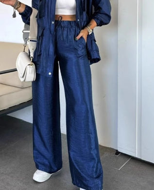 Cargo Multi-Pocketed Women's Button-Up Streetwear Jacket + Drawstring Pants Solid Color 2-Piece Set