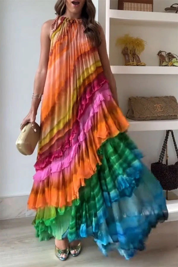 Asymmetrical Striped Colorblock Sleeveless Pleated Maxi Dress
