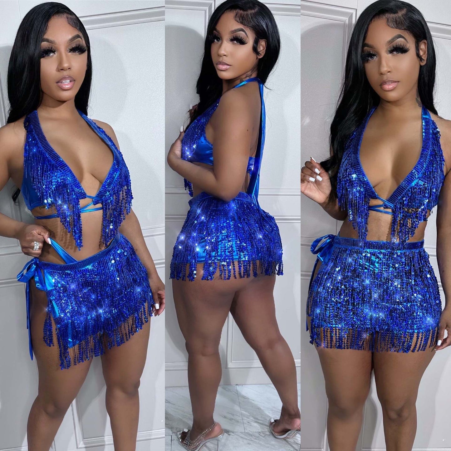 European And American Sequined Beach Dress Three-piece Swimsuit