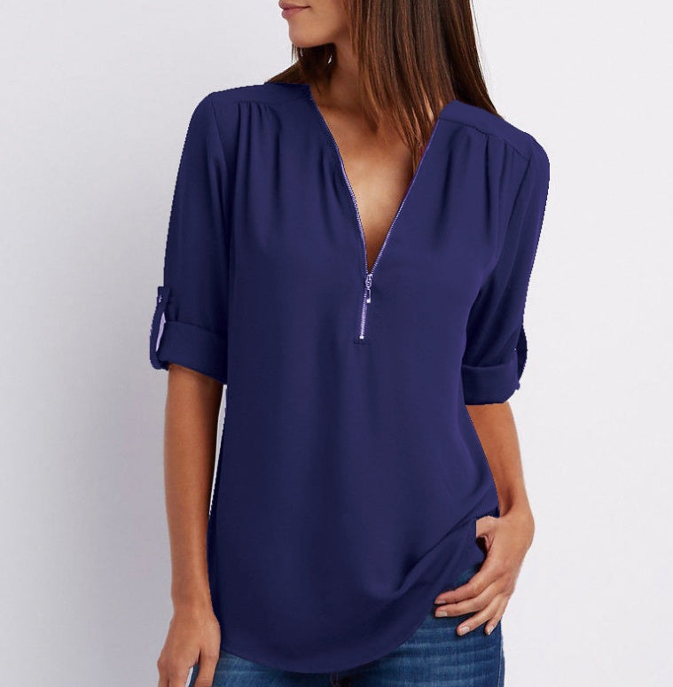 Solid Color V-Neck Short Sleeve Women's Zipper Shirt to 5X Plus Size