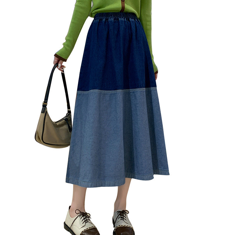 Retro Denim Blue Colorblock High Waist Maxi Jean Skirt to 4X Plus Size