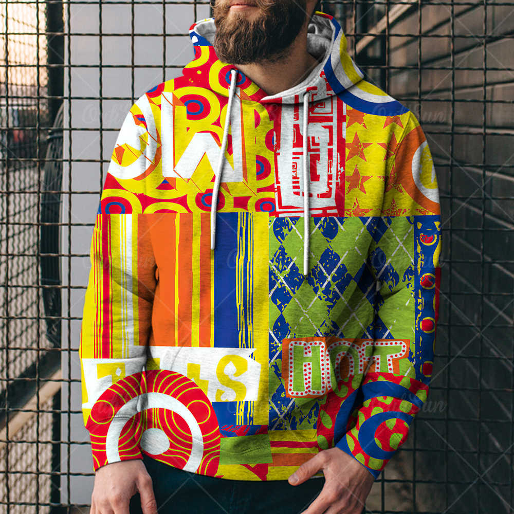 Men's Hip-Hop Drawstring Geometric Graffiti Letter 3D Print Hoodie Sweatshirt